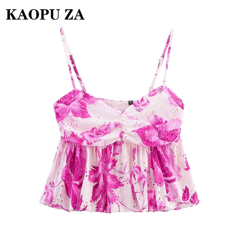 KAOPU ZA 2025 Summer New Women's Hollow Embroidery Printed Camisole Fashionable Sexy Top with Design
