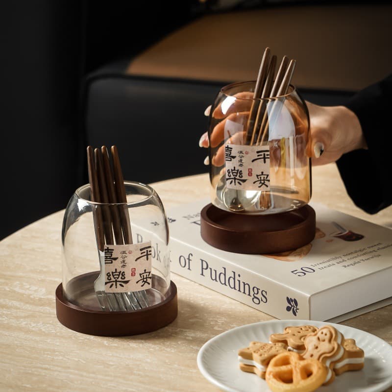 Japanese Retro Glass Fruit Fork Storage Jar 304 Stainless Steel Fork Spoon Dessert Fork Spoon Quality Wooden Handle Fork Spoon