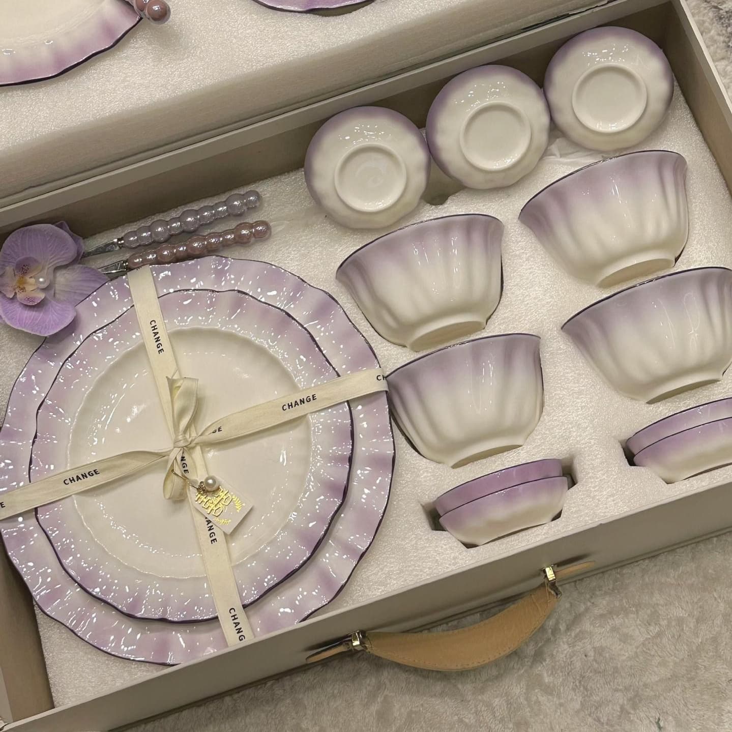 Purple petal dish set household ins style high-end ceramic tableware design underglaze color rice bowl wholesale