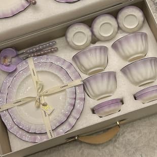 Purple Petal Bowl and Plate Set, Home Ins Style High-End Ceramic Tableware, Designer Underglaze Color Rice Bowl Wholesale