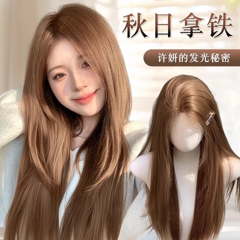 Jianshu Wig Women's Xu Yan Same Style Honey Tea Color Center Part Long Straight Hair Sweet Girl Youthful Fair Skin Daily Wig Set