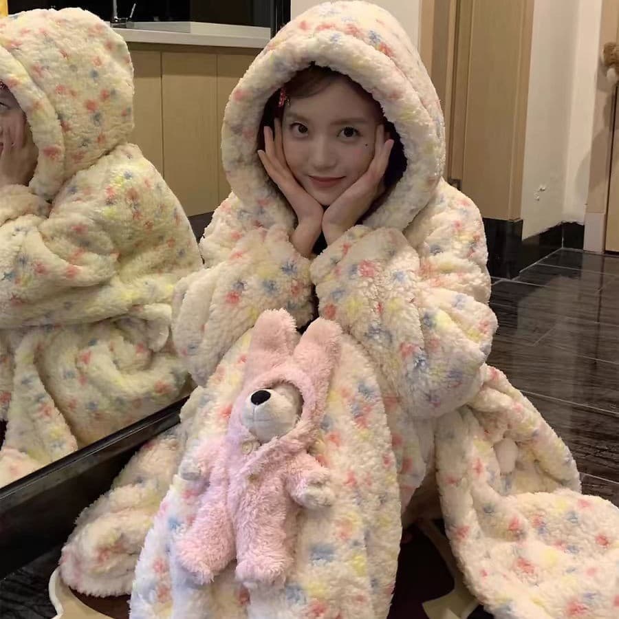 2025 New Autumn/Winter Coral Fleece Pajamas for Women, Thickened and Warm Bathrobe Long Robe Plush Homewear Set