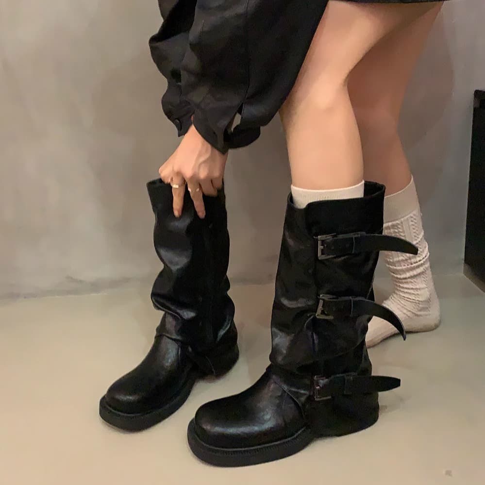Vintage Chunky Heel Mid-High Boots Western Cowboy Stacked Boots Riding Boots Early Autumn Martin Boots French Women's Boots