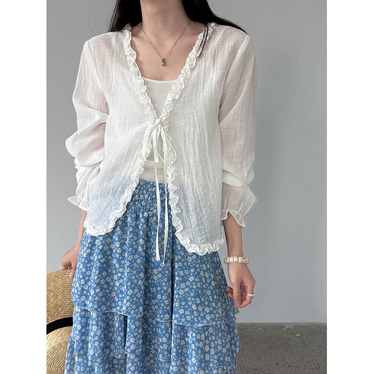 Luxi Korean Soft Style Ruffle Trim V-Neck Lightweight Sun Protection Cardigan for Women 2026 Summer Slimming & Flattering Open Front 3902