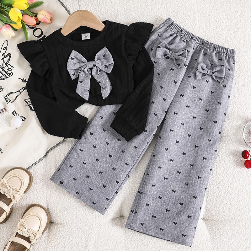 Girls' suit autumn and winter cross-border popular children's knitted ruffled bow top printed trousers two-piece trendy set