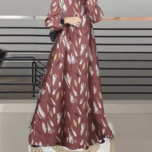 In Stock Cross-Border Long Sleeve Round Neck Printed Dress Long Dress
