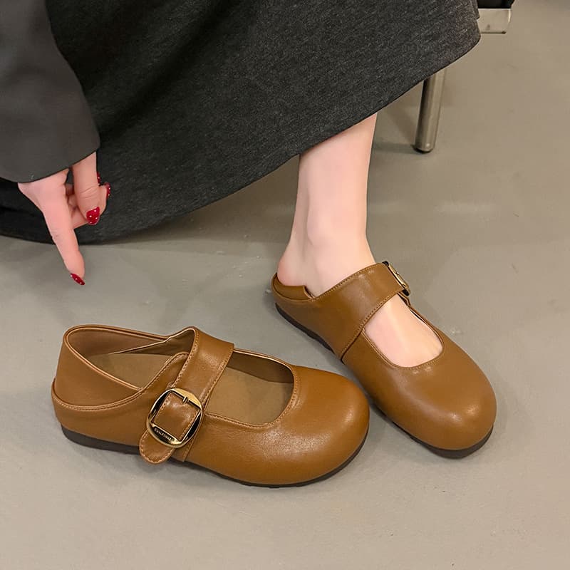 French Vintage Mary Jane Shoes for Women 2026 Spring Summer Lightweight Flat 2-in-1 Loafers Mango-Toe Leather Shoes