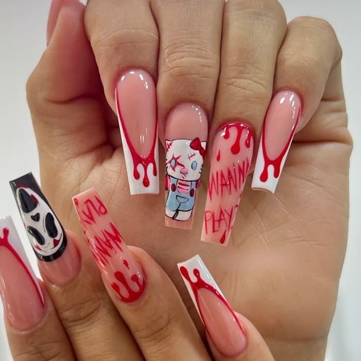 Bloody Faceless Man Long Ballet Halloween Horror Kitty Cat Long Tapered Nail Tips Cross-border Influencer Nail Wraps