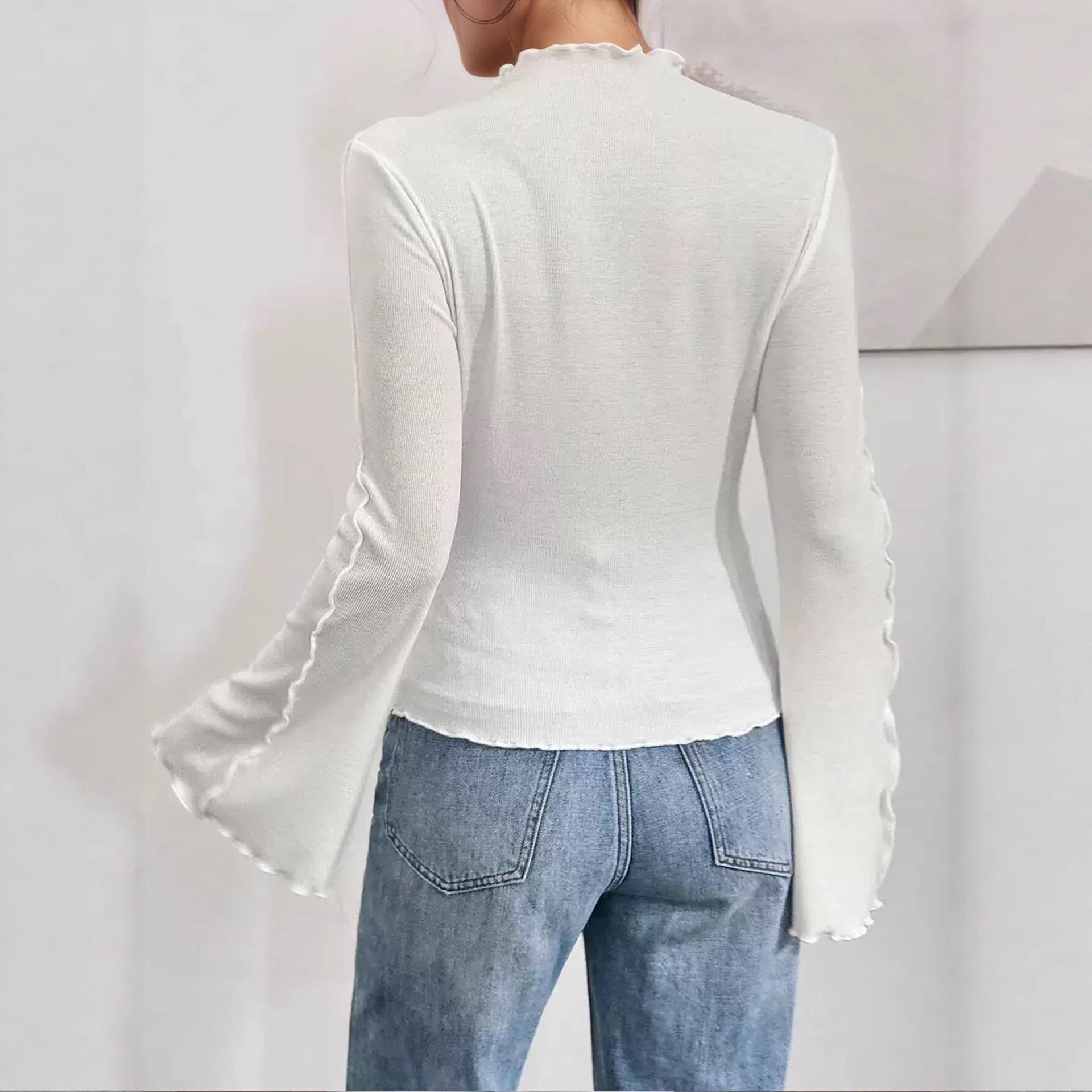 Amazon 2025 Fall New Fashionable Stylish Base Top Slim Fit Flared Sleeve Design Wavy Collar Blouse