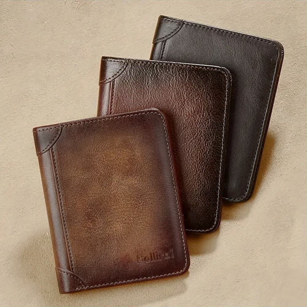Men's Versatile Genuine Leather Feel Tri-Fold Card Holder with Multiple Anti-Demagnetization Slots, Compact Ultra-Thin Card Case for ID and Driver's License