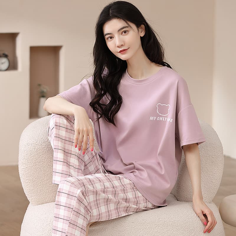 2026 Spring/Summer Simple Pajama Set for Women - Cotton Short Sleeve and Long Pants, Sweet and Casual, Wearable Outside, Women's Homewear Set