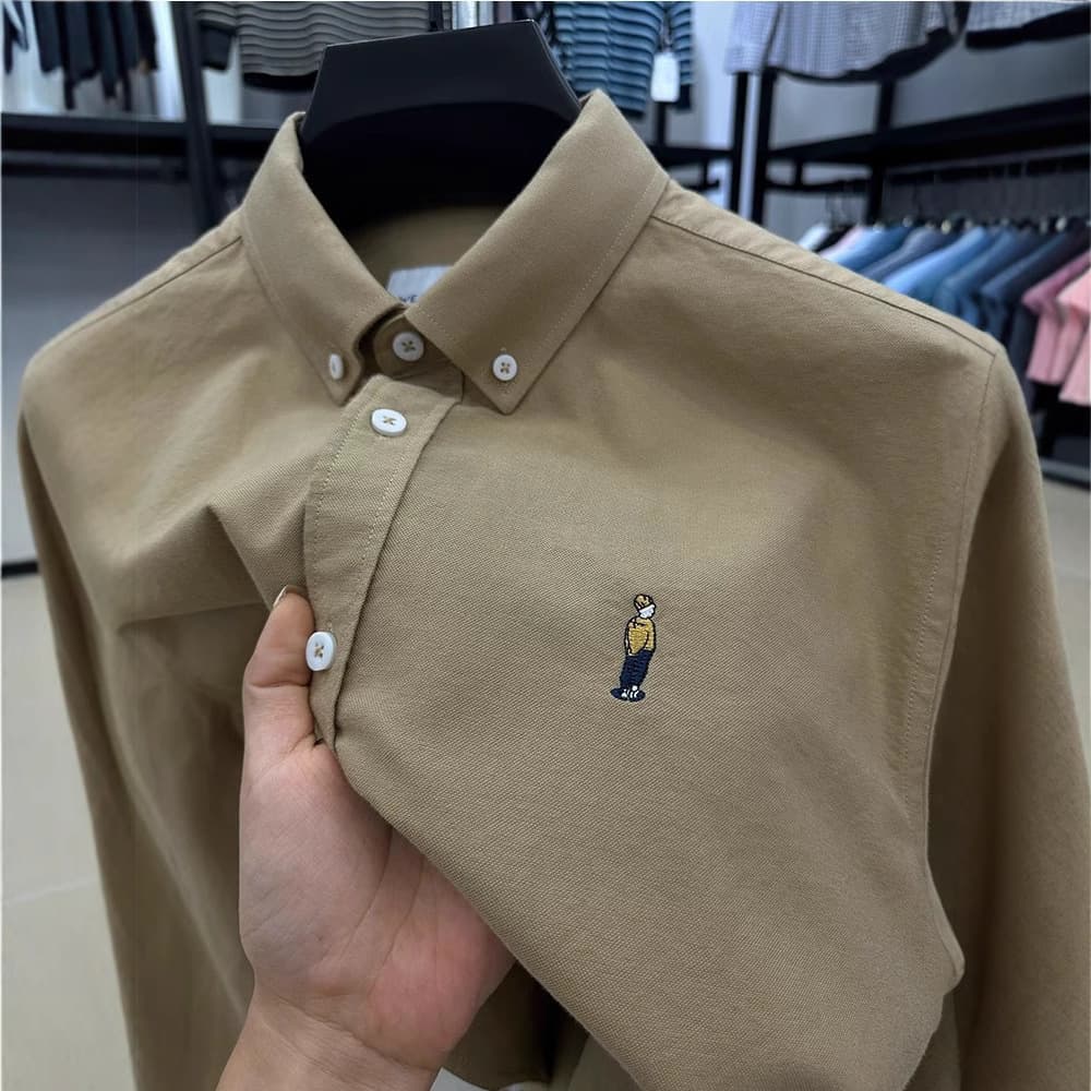 Foreign trade export 100% pure cotton Oxford long-sleeved shirt men's autumn wear trendy casual embroidered tail single men's shirt
