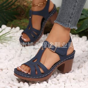Wedge thick-sole sandals, export cross-border large size, peep-toe sandals, one-strap buckle chunky heel sandals, wholesale in stock