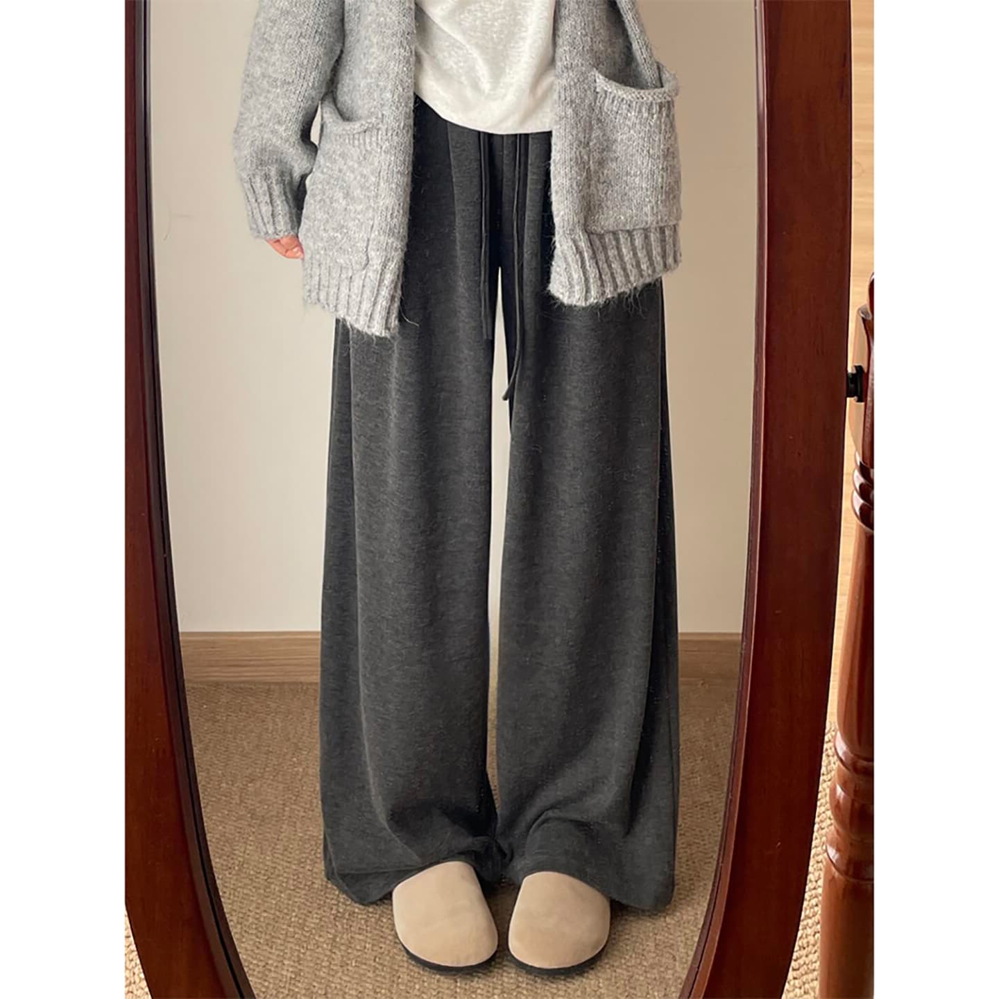 Dark Gray Glutinous Rice Pants for Women Spring/Autumn New High-Waist Flowy Loose BF Lazy Style Wide-Leg Straight Casual Pants