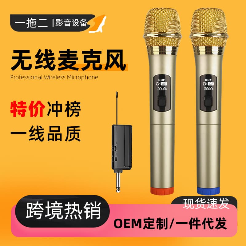 Cross-border Wireless Microphone One Transmitter to Two Receivers for Outdoor Speakers, Tour Guide Live Streaming, Export Hot-Selling Home KTV Singing Mic