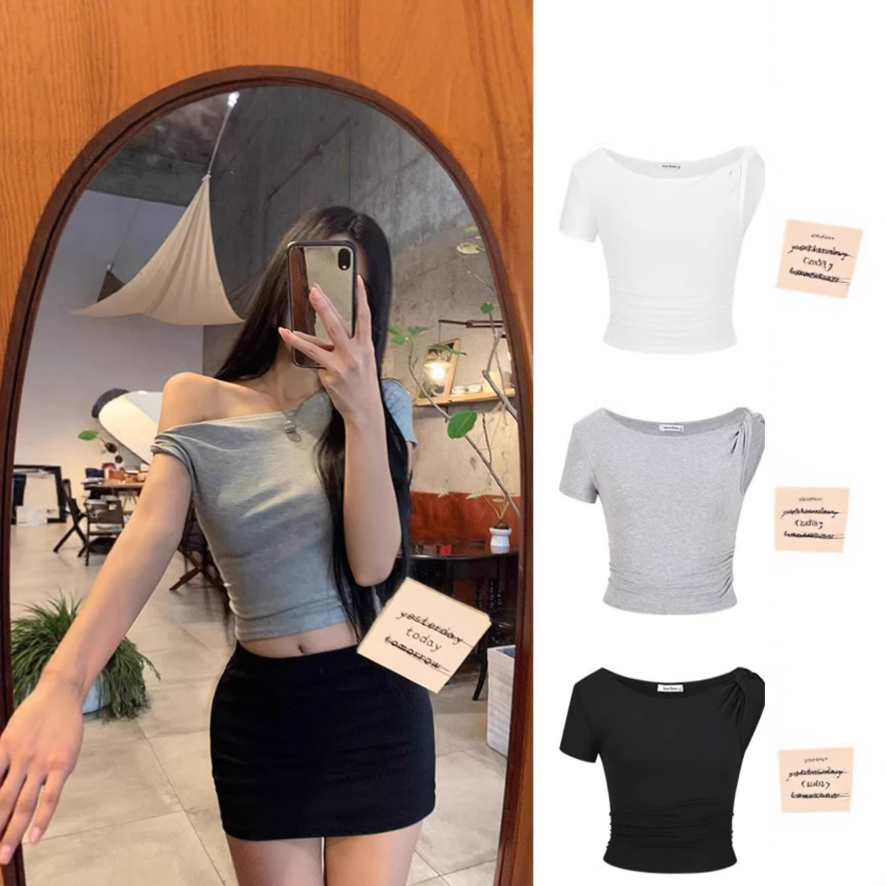 Sweet hottie off-shoulder short-sleeved T-shirt women's summer design niche slim fit navel-baring short pleated slanted shoulder top