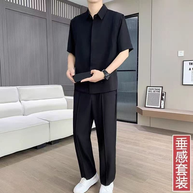 Light Luxury Ice Silk Short-Sleeve Shirt Set for Men, Summer Thin Casual Top and Long Pants, Men's Two-Piece Set in a Mature Style