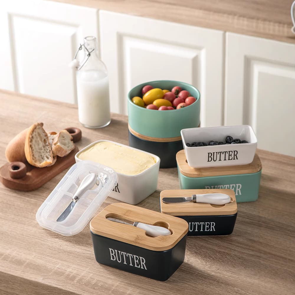 Visible Butter Dish with Knife, Ceramic Rectangular Butter Tray with Wooden Lid, Cheese Butter Container