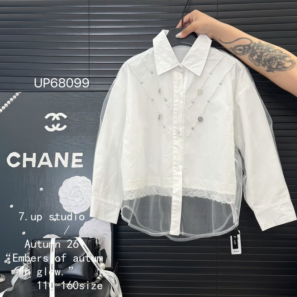 Girls Autumn White Shirt School Style Mesh Rhinestone Embroidery Uniform, Big Kid Huzhou Zhili Kids Clothing 110-160