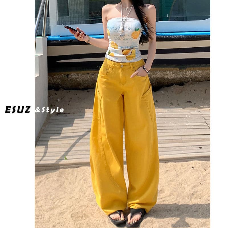 Workwear sickle pants spring and summer American style 2025 embroidered machete jeans for women retro yellow design loose