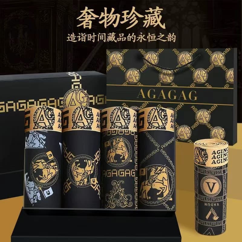 Luguchuan Factory Wholesale Black Gold Print Men's Boxer Briefs Four-Season Breathable Shorts