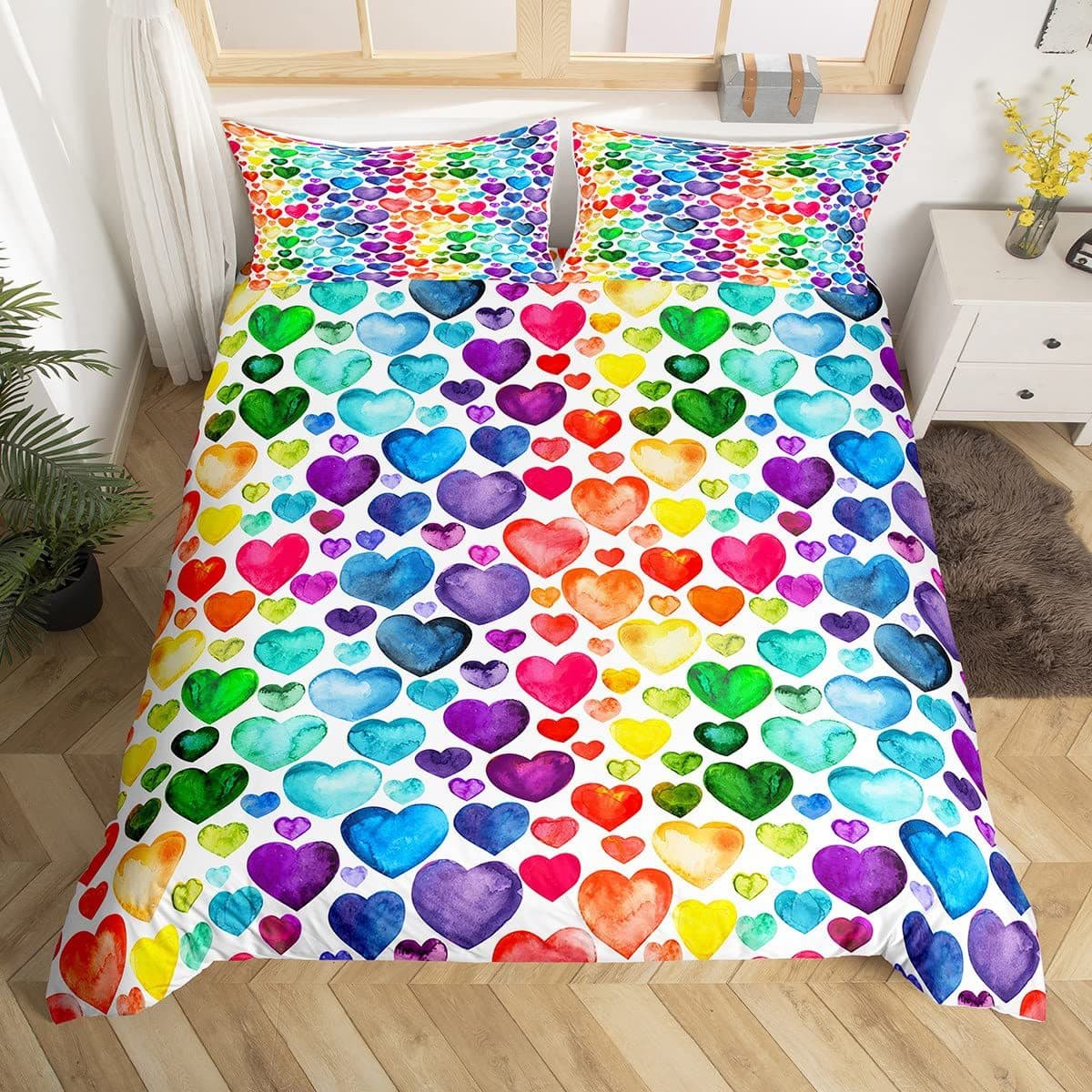 Cross-Border Three-Piece Quilt Cover Set Colorful Love Rainbow Couple Digital Printed Bed Sheets Foreign Trade Bedding Home Textiles