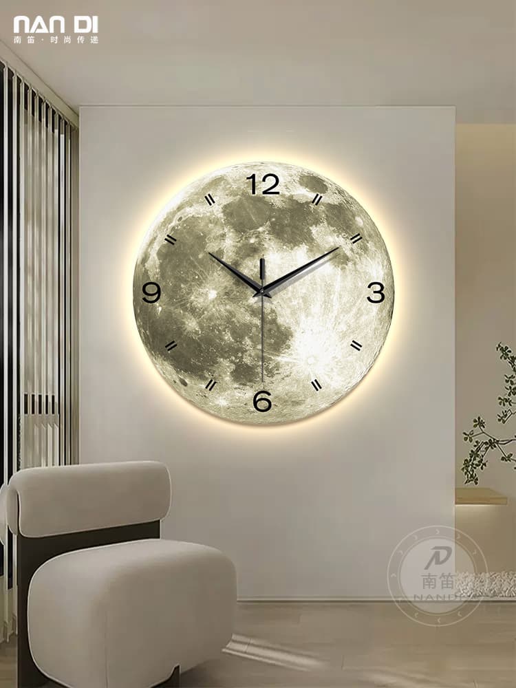Moon Clock Living Room Wall Clock Modern Minimalist Wall Light Bedroom Silent Clock Creative Entryway Decorative Painting