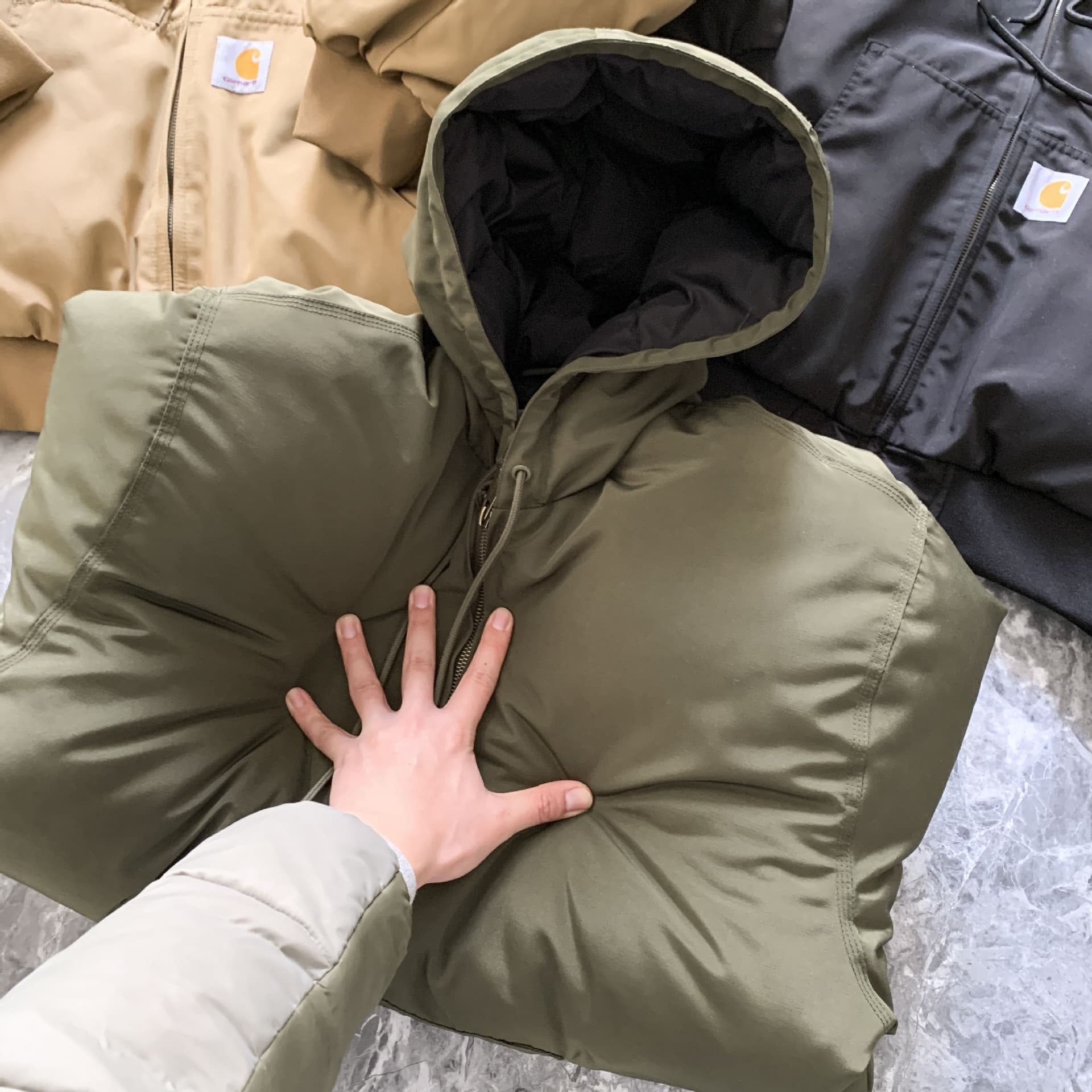 Top-tier carhartt outdoor waterproof quilted cotton jacket with hood, thick warm zip-up cotton coat, loose puffer jacket