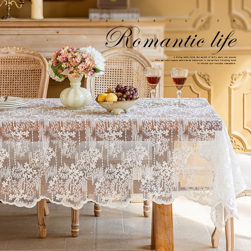 New French white lace tablecloth heavy embroidery outdoor wedding tablecloth high-end tablecloth rectangular shape