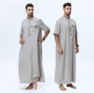 SP0040 New Small Stand Collar Fashion Men's Thobe Short Sleeve Robe, Casual Loose Outerwear Robe