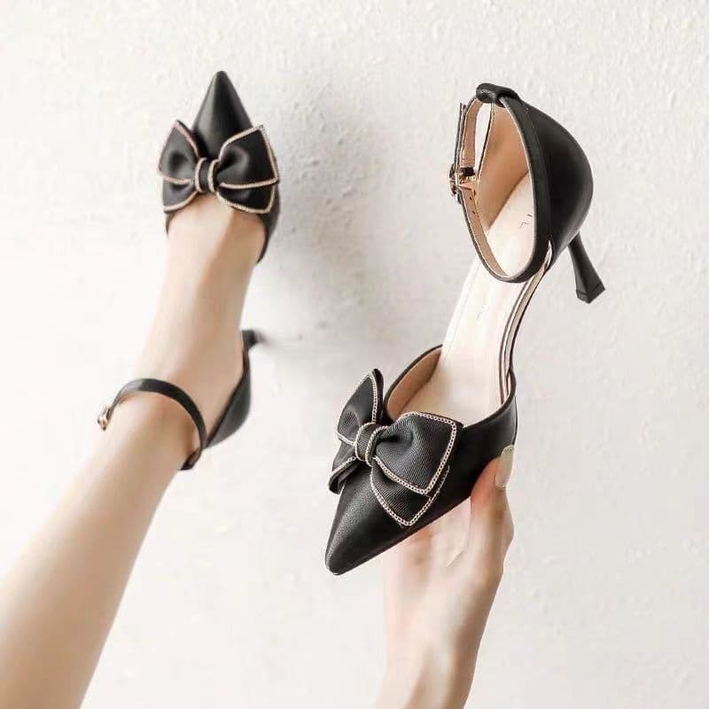 Elegant High Heel Shoes with Thin Heel, Sweet Bow, Closed-Toe Sandals for Women 2025 New Pointed Toe Bridesmaid Shoes Summer
