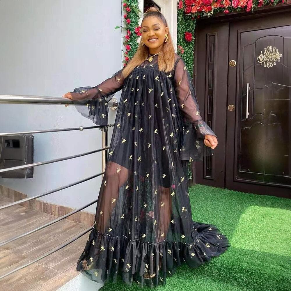 Cross-border Europe & America African dress fashion flare thick mesh embroidery black maxi dress two-piece set