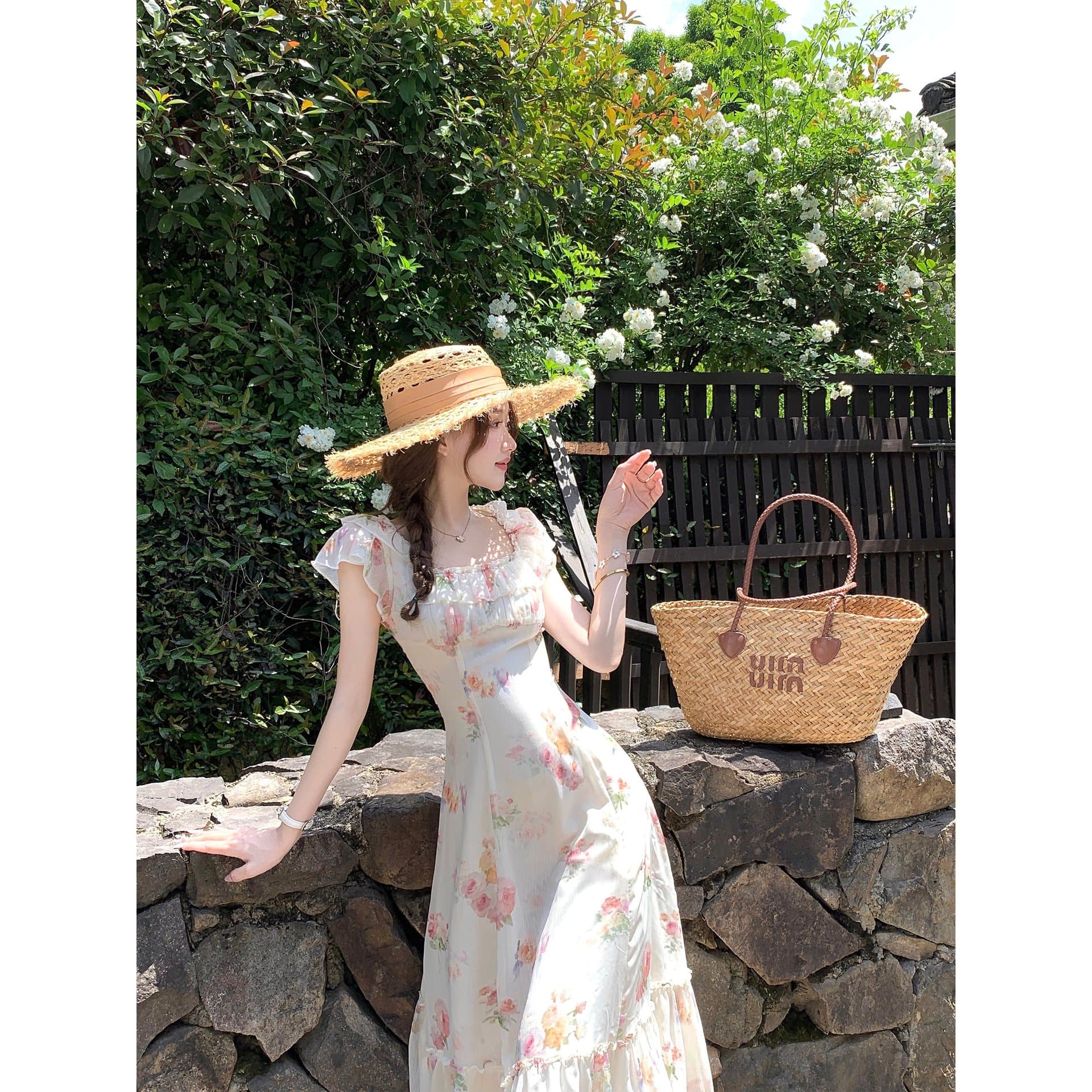 French Style Gentle Rose Floral Print Fitted Dress for Women Summer Unique Beautiful Elegant Ruffle Fairy Gorgeous Long Dress