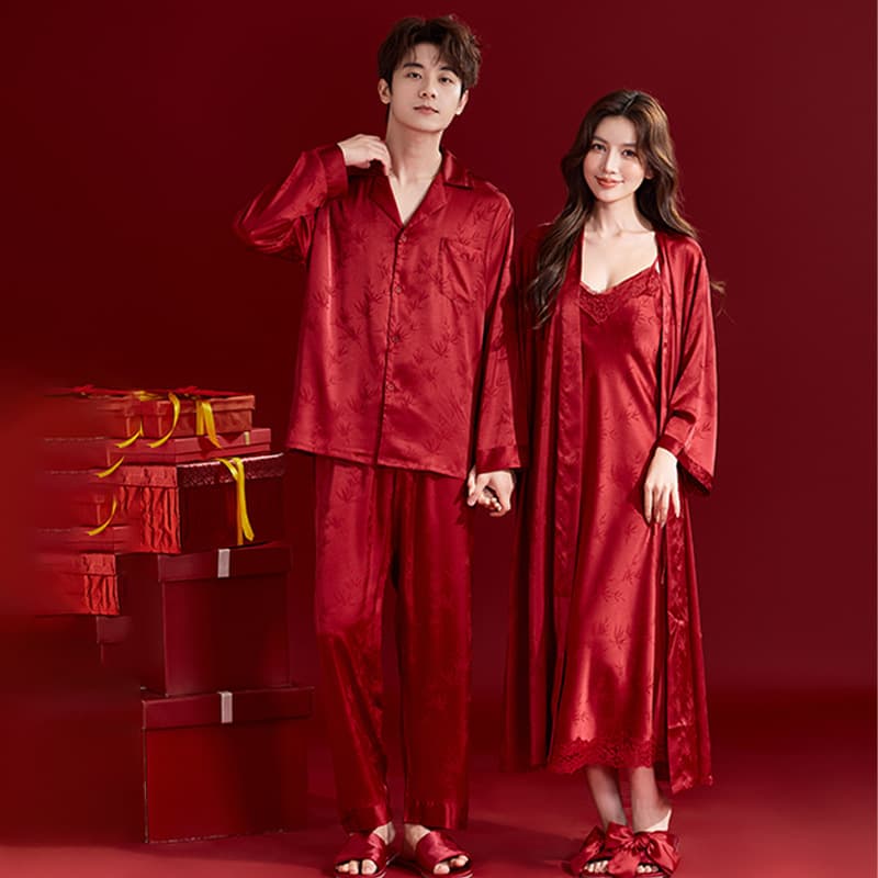 Red Wedding Pajama Set for Newlyweds, Silk-Like Robe, Groom and Bride, 2025 New Spring/Autumn Wedding Use