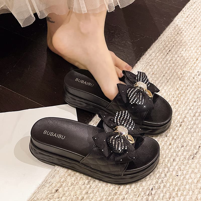 Bow Flat Sandals for Women Summer Outdoor Ins Style Platform Thick Sole Height Increasing Beach Sandals 1 Thick Sole
