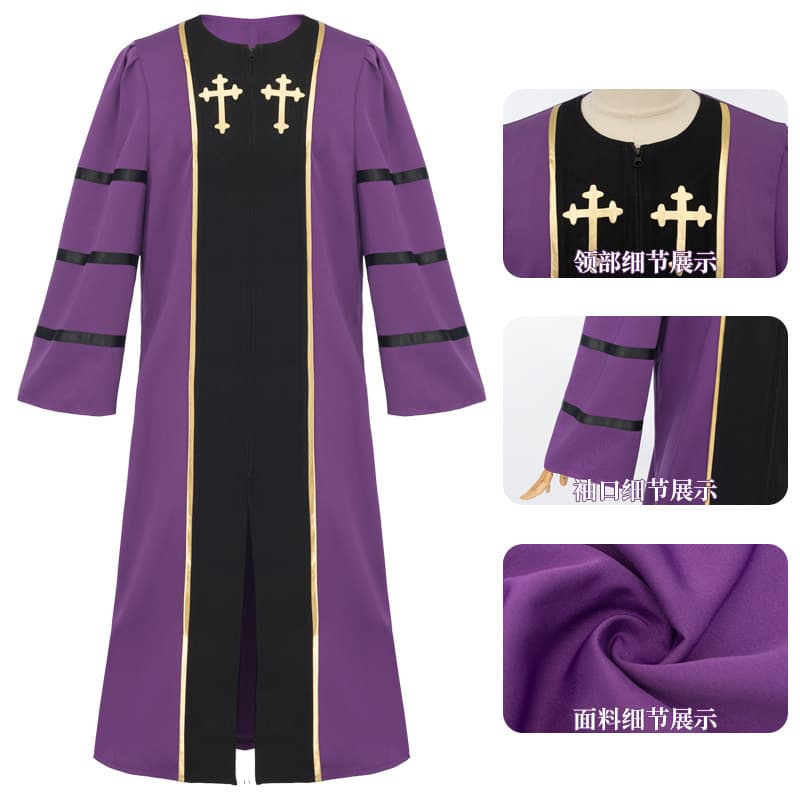 Cross-border Medieval Purple Priest Robe Church Liturgical Robe Halloween Cosplay Performance Costume Choir Outfit