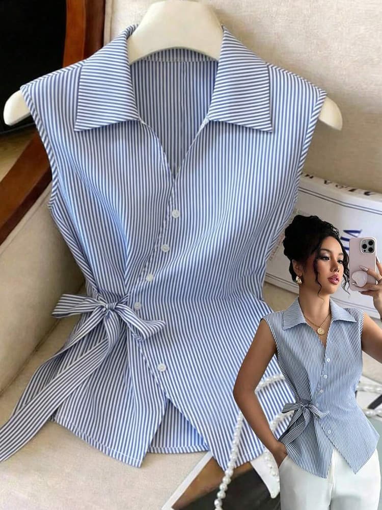 Women's Irregular Tie Waist Striped Sleeveless Blouse for Summer, Cross-Border EU/US Sizing