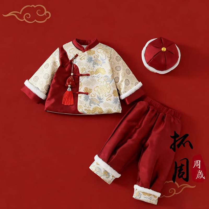 Baby's first birthday celebration attire: New Chinese style, festive Tang suit, autumn/winter 100-day celebration set for baby boys.