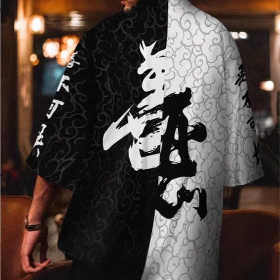 Haori Kimono Cardigan Europe America Taoist Robe Good Evil Black White Print Thin Jacket Three-quarter Sleeve Street Outerwear Shirt Jacket