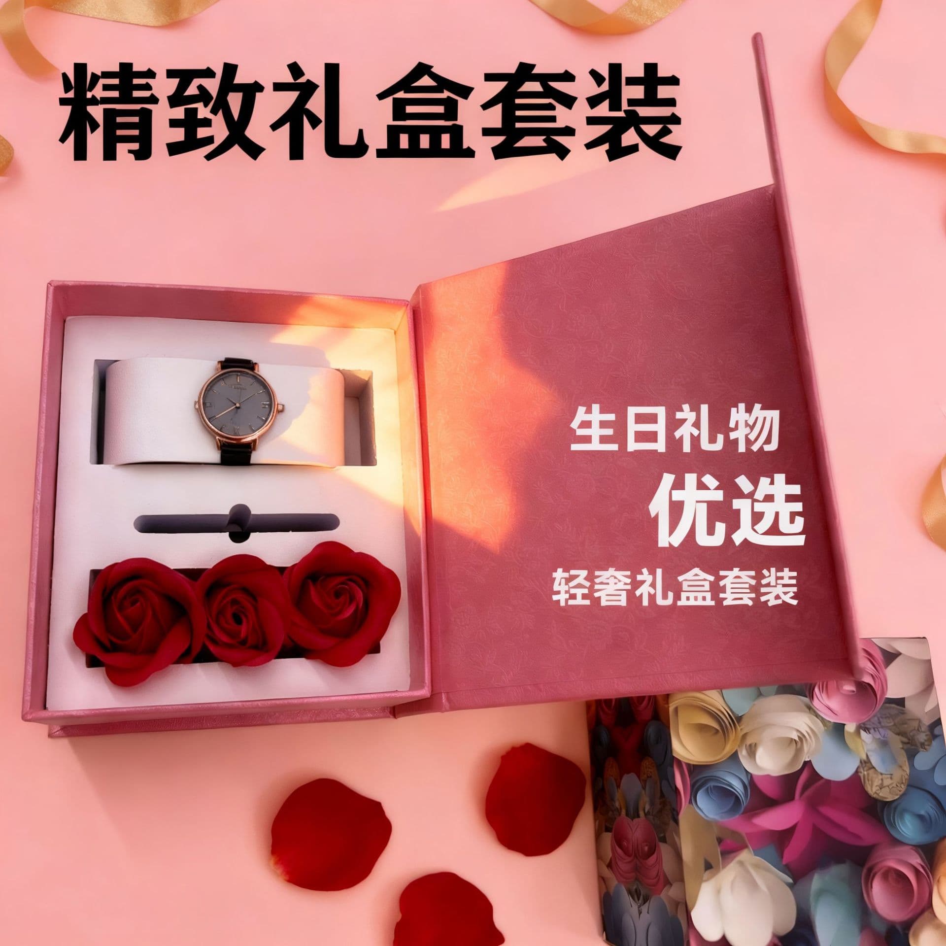 In-stock rose-patterned watch gift box, bracelet box, magnetic flip-top paper gift box, watch and wrist watch box, packaging box