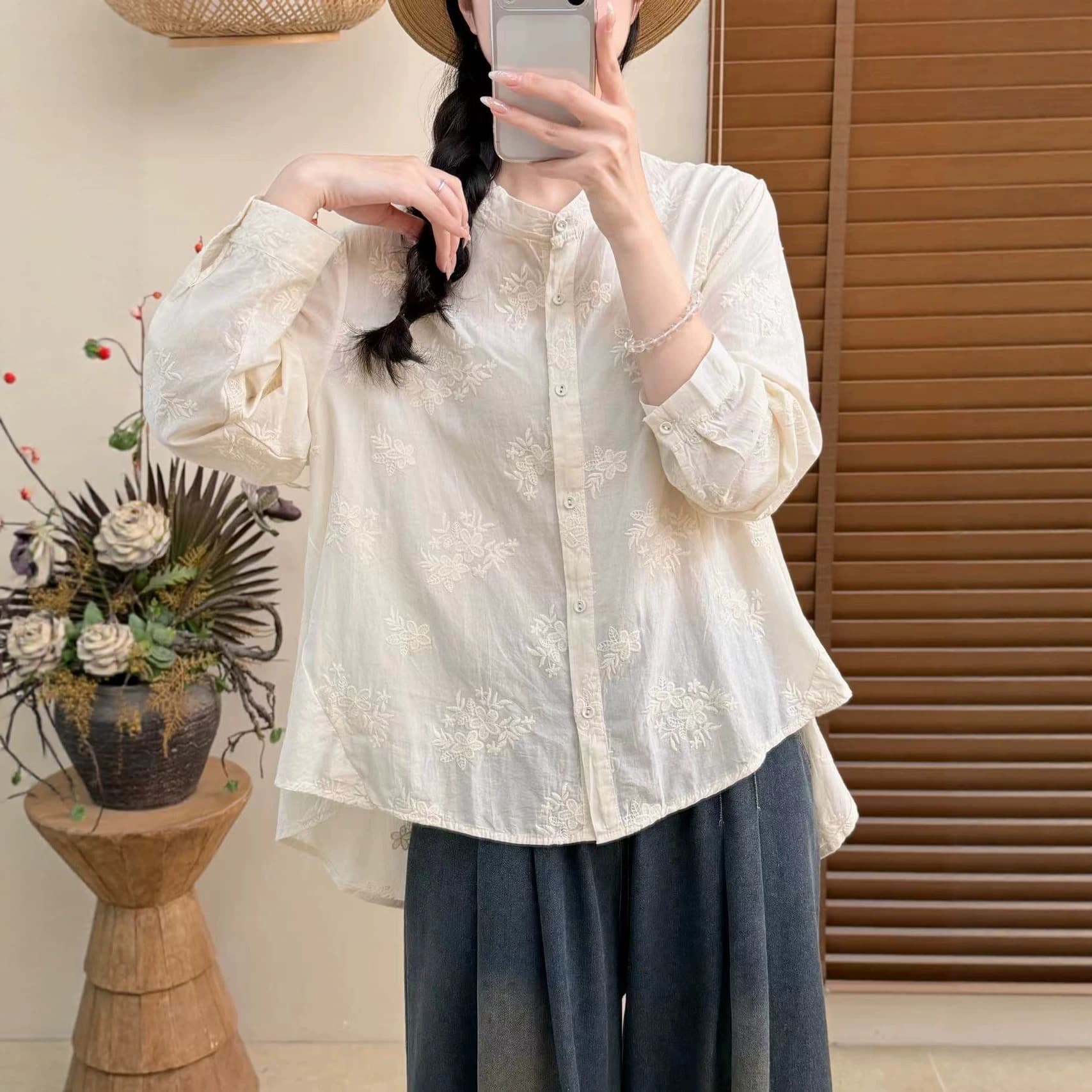 26 autumn long-sleeved women's jacquard forest-style sweet jacquard cotton shirt tops new style lazy style shirts