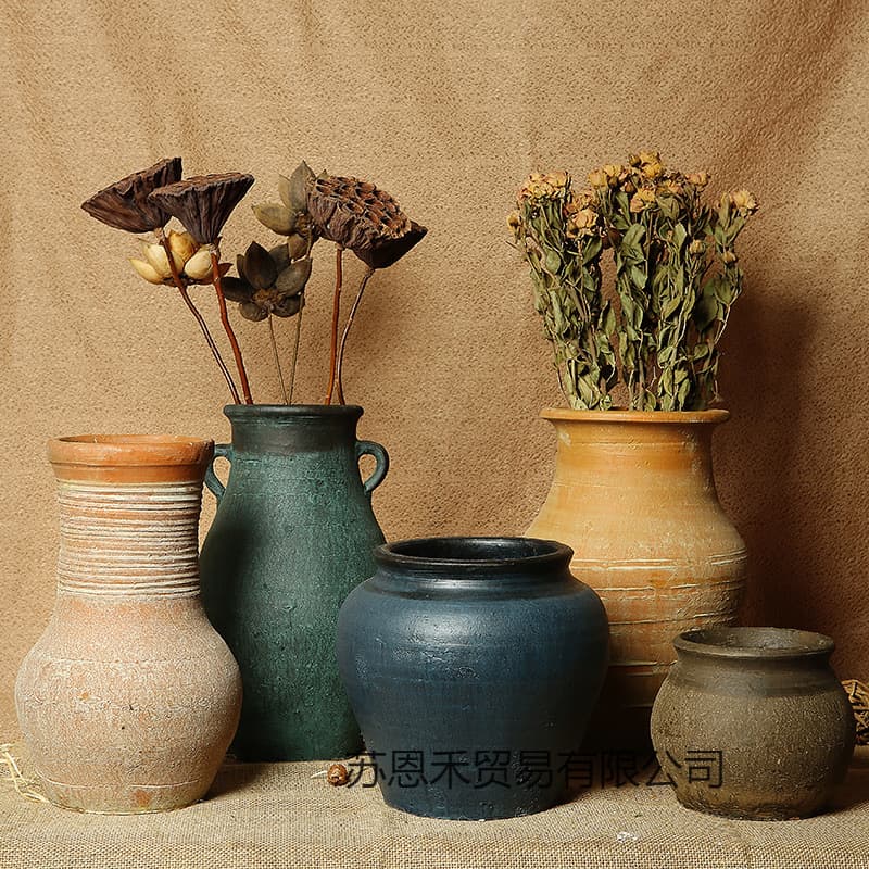 Xiangshe Rustic Coarse Pottery Vase Flower Pot Succulent Planter Vintage Terracotta Breathable Dried Flower Old Pottery Jar Crock