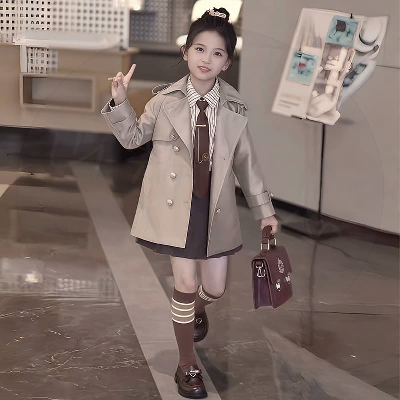 Kids Girls Trench Coat Spring Autumn 2025 New Style Middle and Older Kids Fashion Versatile Mid-Length Coat