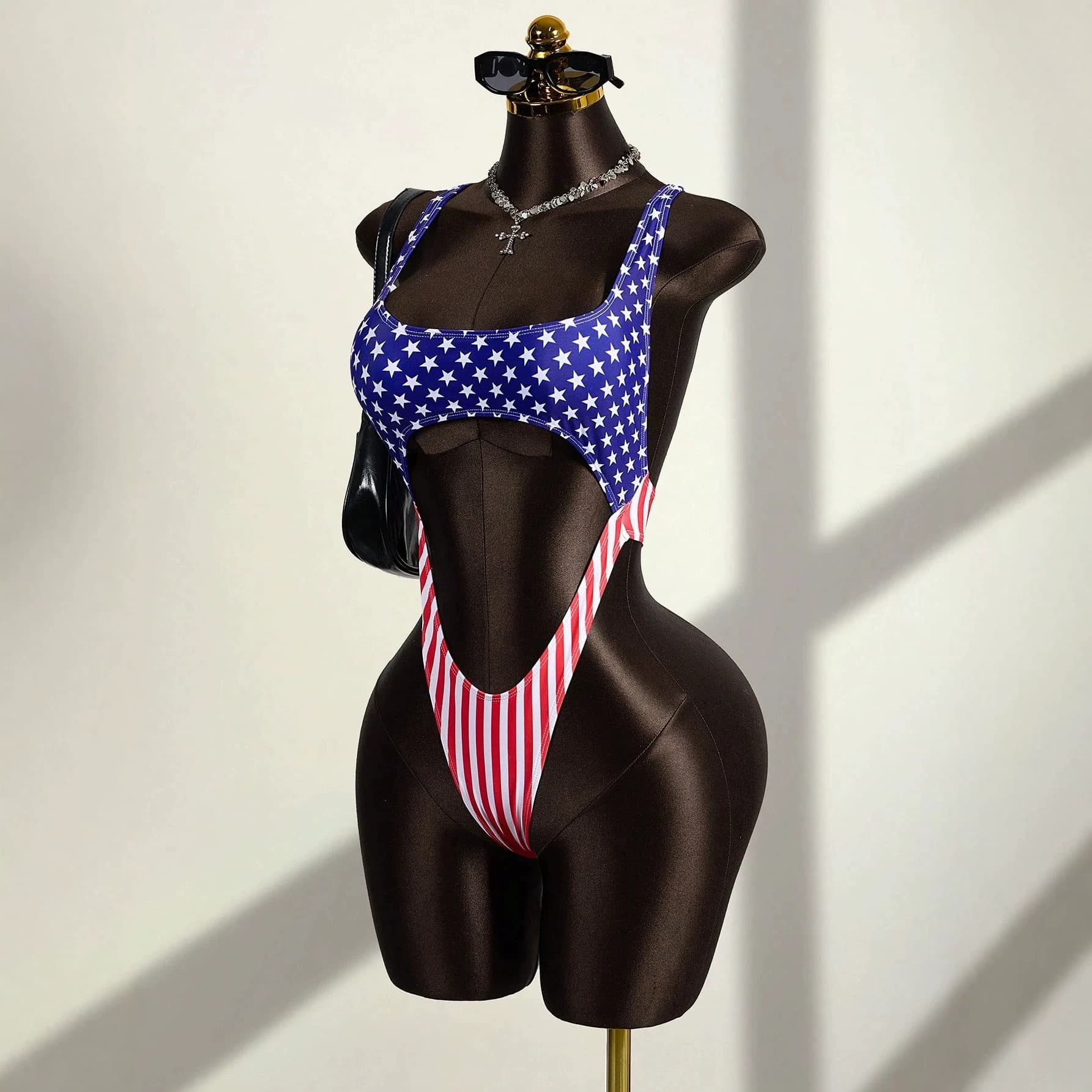 Y2K Sexy American Contrast Color Bikini Patchwork Print Striped Hollow Waist-Slimming Split Strap Women's Swimsuit