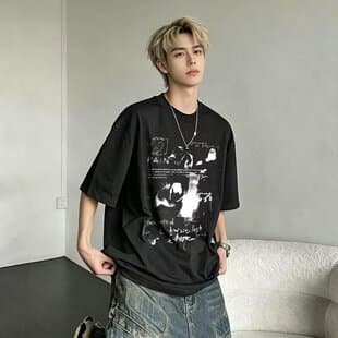 Heavyweight Cotton American Streetwear Cool T-Shirt Trendy Printed Men's Summer Round Neck Casual Loose Short Sleeve
