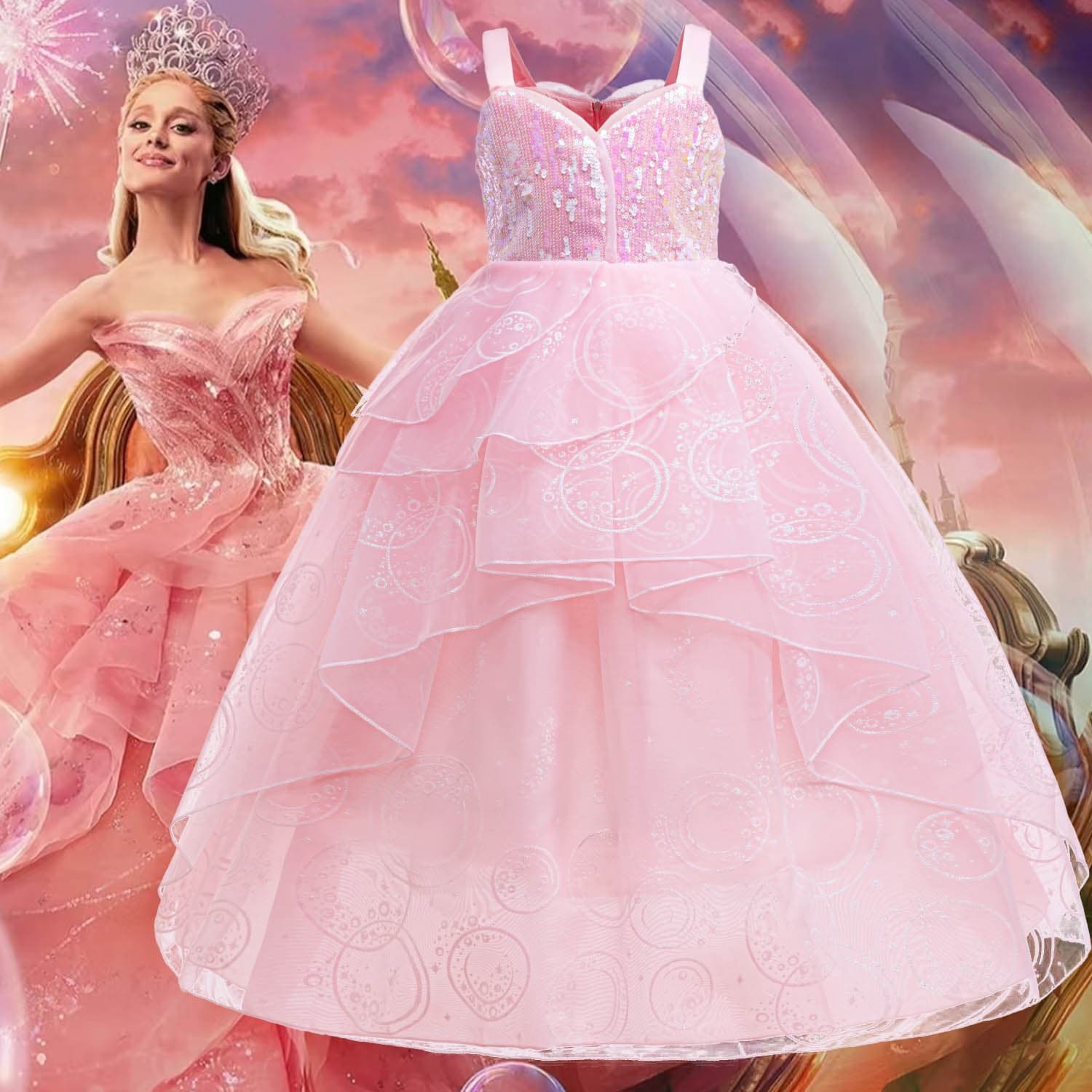 Magical Wicked Witch cosplay with Glinda's pink dress, wedding dress, evening gown, girl, princess, and little girl in the wind