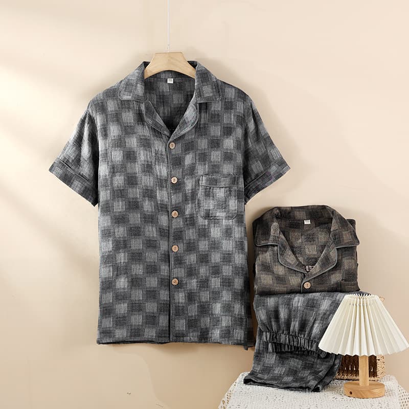 Men's Summer Cotton Short Sleeve Pajama Set with Long Pants, Thin, Loose Fit, Plus Size Homewear