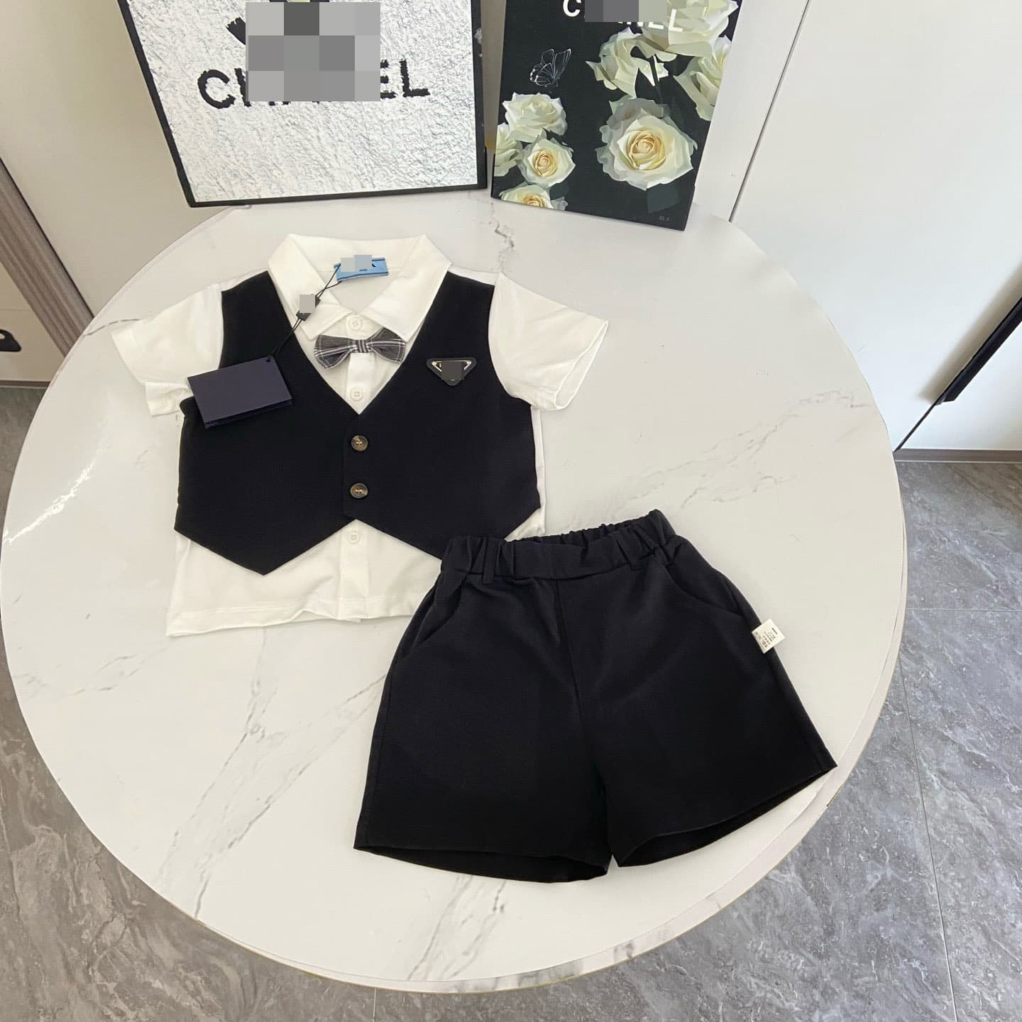 Boys' Handsome Little Formal Outfit, Stylish Going-Out Top + Vest + Shorts Three-Piece Set, Trendy First Birthday Suit