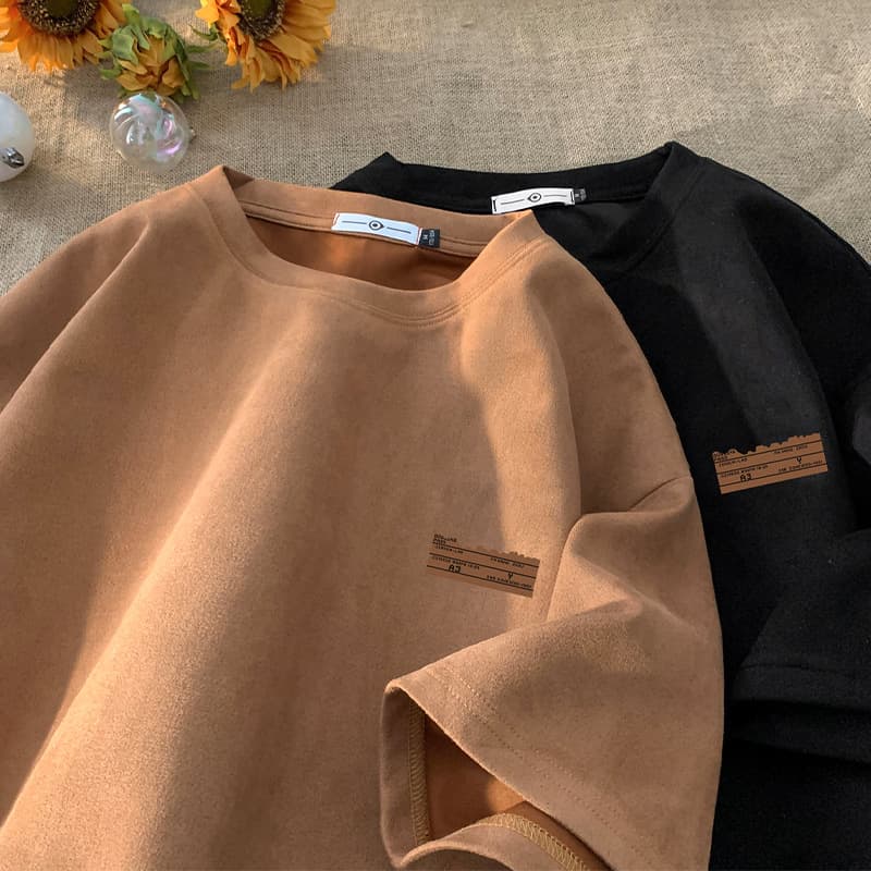 Brown Suede Heavyweight Crewneck Short Sleeve T-Shirt Men Summer American Retro Streetwear Trendy Oversize Tee