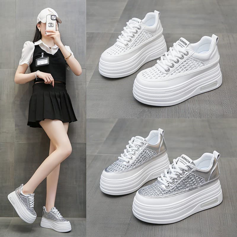 2025 summer fashion thick-soled platform sole non-slip hollow breathable women's height-increasing sneakers ins super hot white shoes